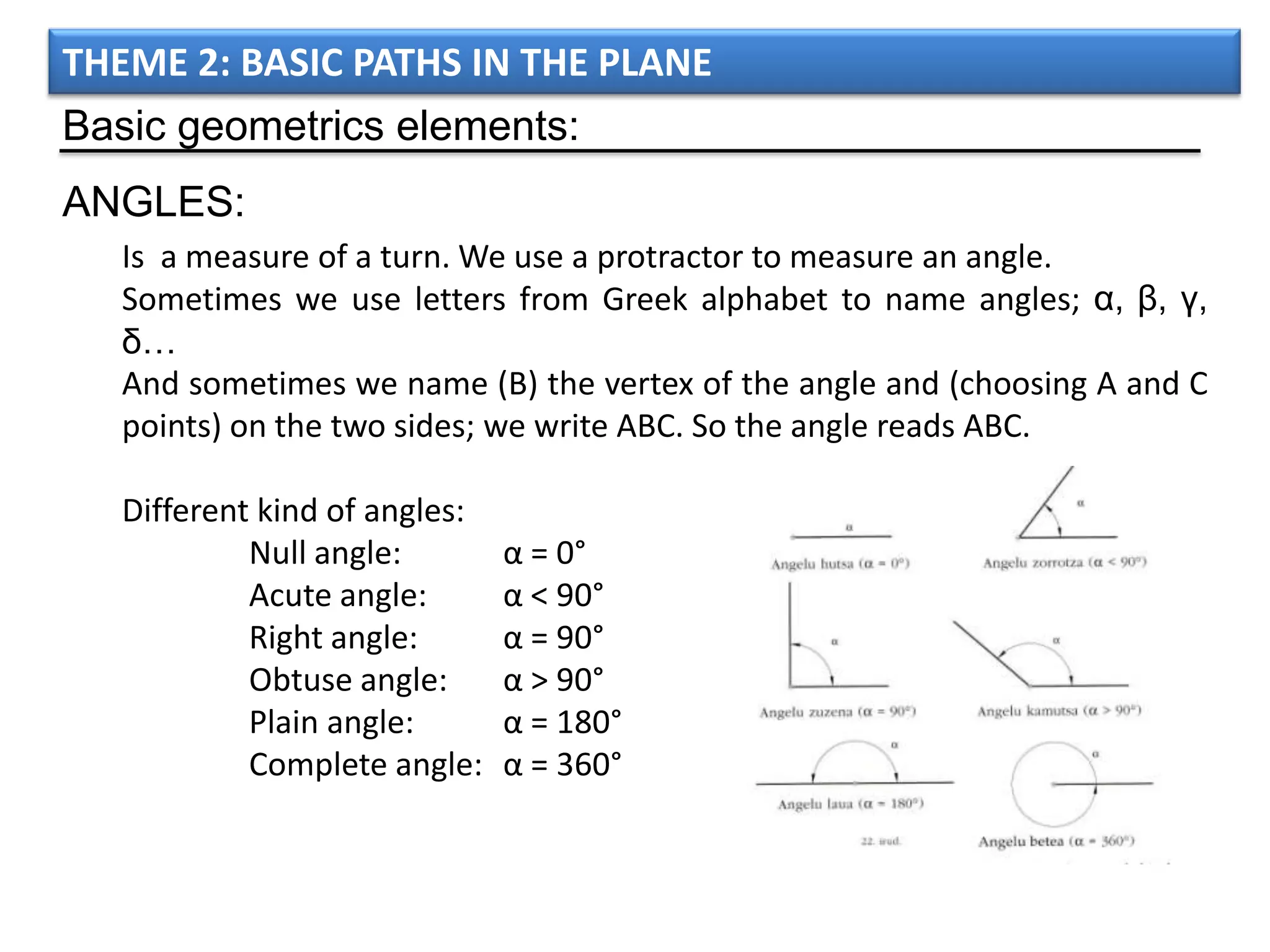 THEME 2: BASIC PATHS IN THE PLANE
Basic geometrics elements:
ANGLES:
   Is a measure of a turn. We use a protractor to measure an angle.
   Sometimes we use letters from Greek alphabet to name angles; α, β, γ,
   δ…
   And sometimes we name (B) the vertex of the angle and (choosing A and C
   points) on the two sides; we write ABC. So the angle reads ABC.

   Different kind of angles:
            Null angle:        α = 0°
            Acute angle:       α < 90°
            Right angle:       α = 90°
            Obtuse angle:      α > 90°
            Plain angle:       α = 180°
            Complete angle:    α = 360°
 