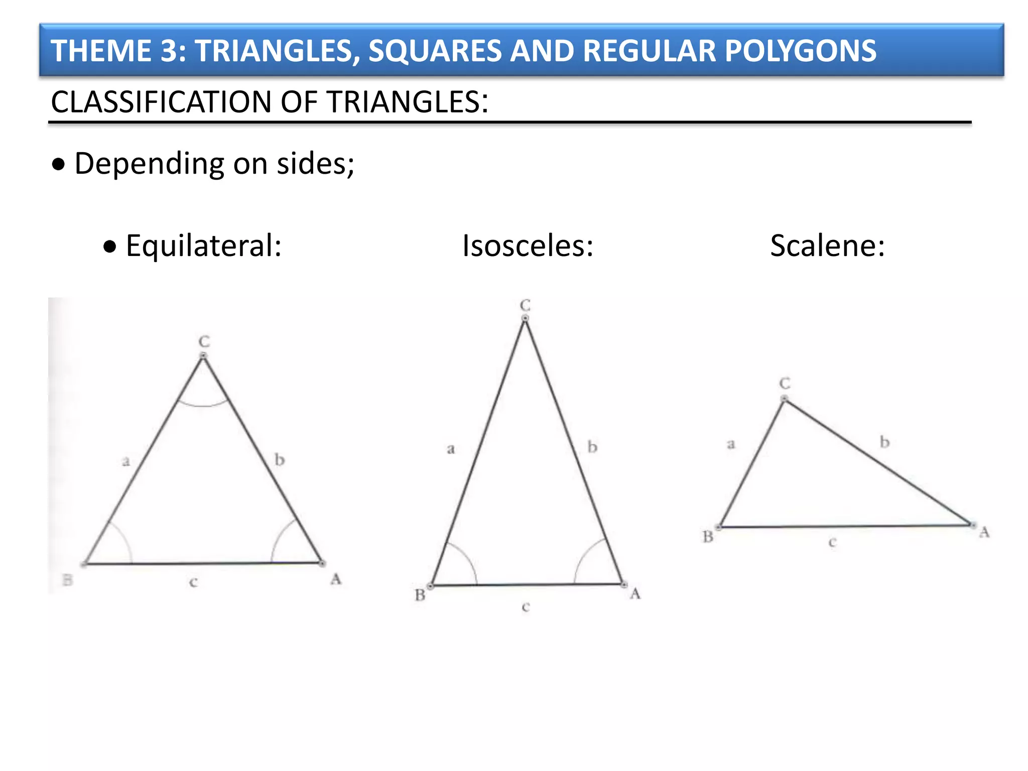 THEME 3: TRIANGLES, SQUARES AND REGULAR POLYGONS
CLASSIFICATION OF TRIANGLES:
 Depending on sides;

    Equilateral:       Isosceles:        Scalene:
 