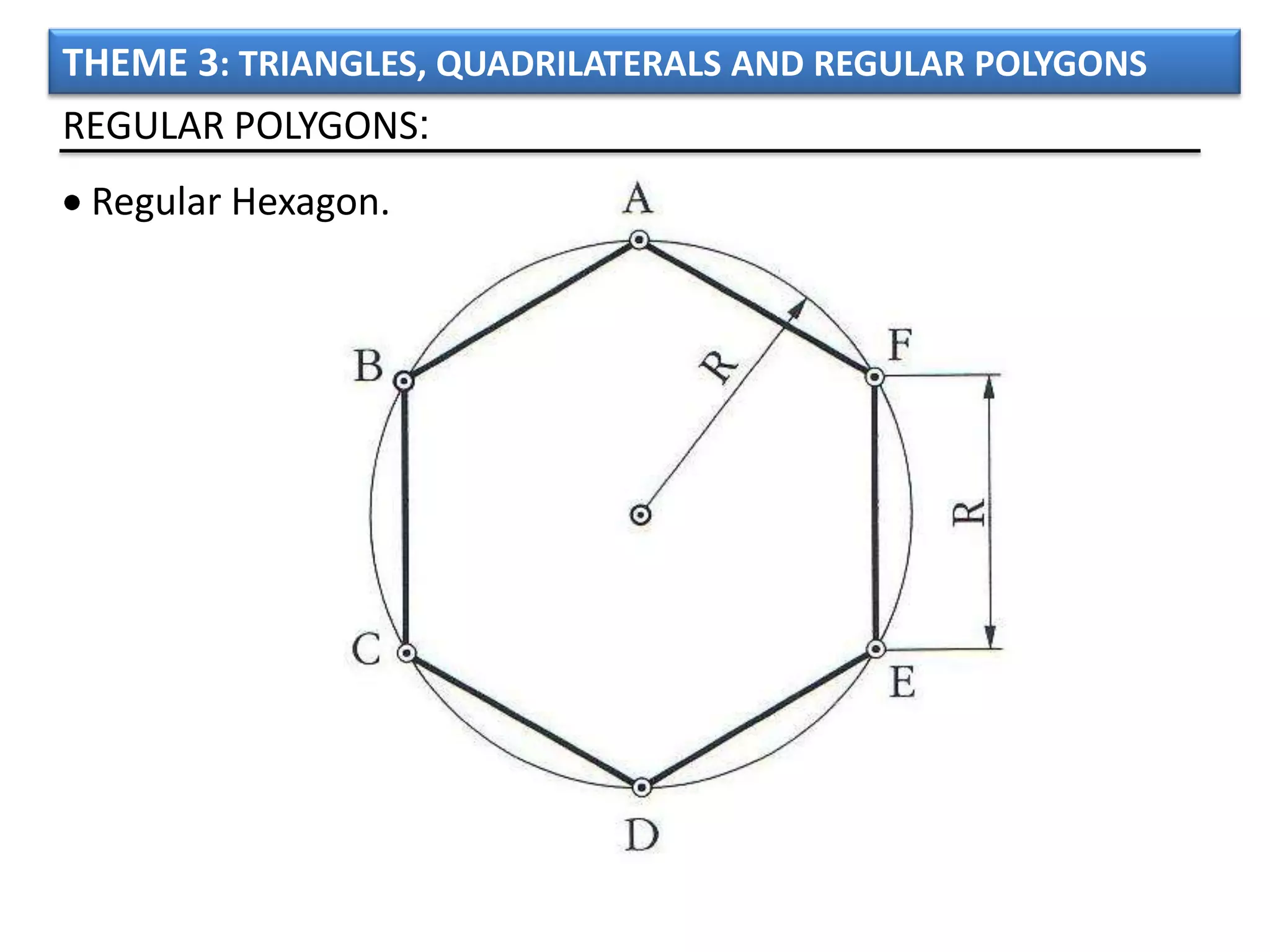 THEME 3: TRIANGLES, QUADRILATERALS AND REGULAR POLYGONS
REGULAR POLYGONS:
 Regular Hexagon.
 