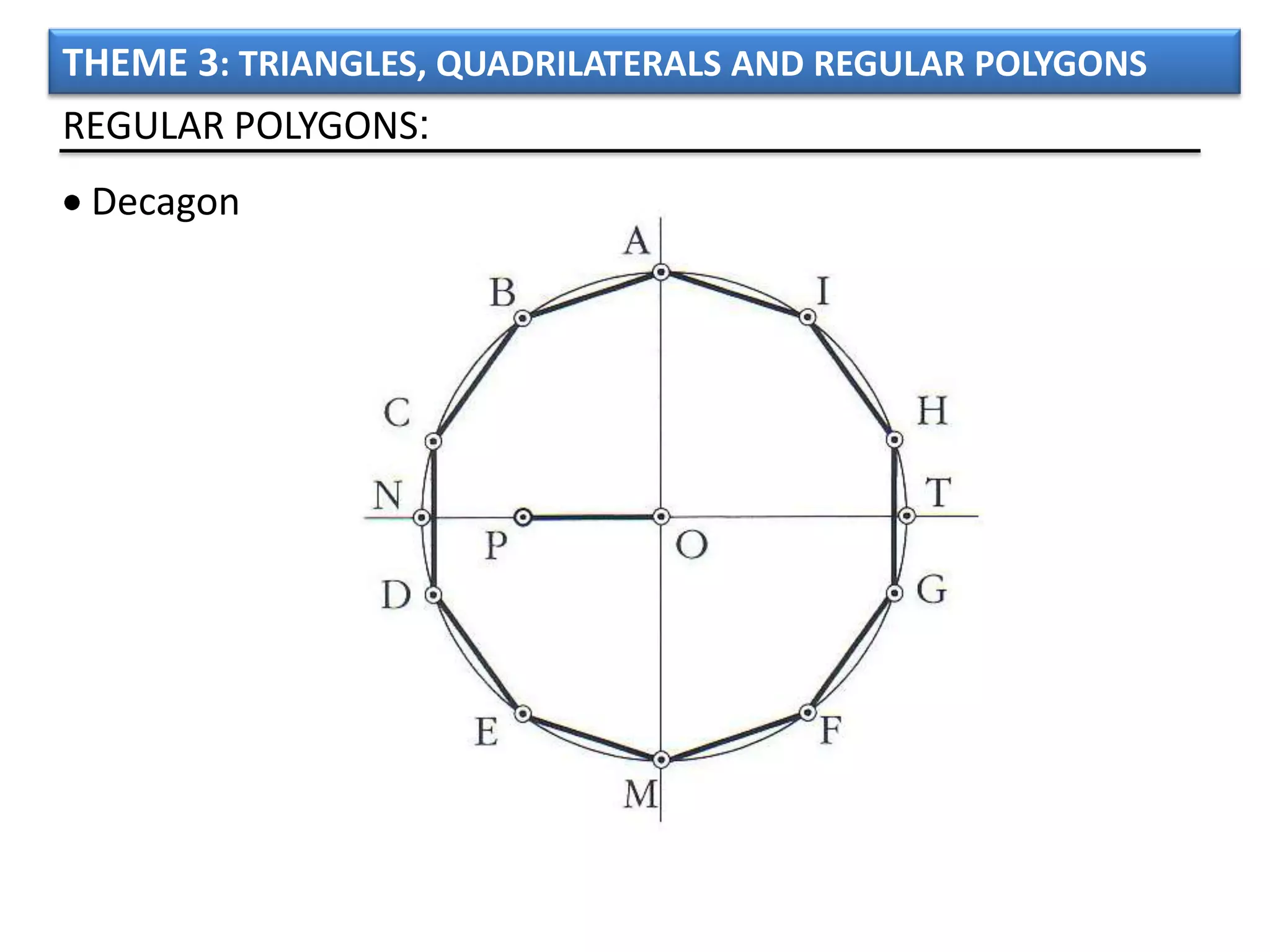 THEME 3: TRIANGLES, QUADRILATERALS AND REGULAR POLYGONS
REGULAR POLYGONS:
 Decagon
 