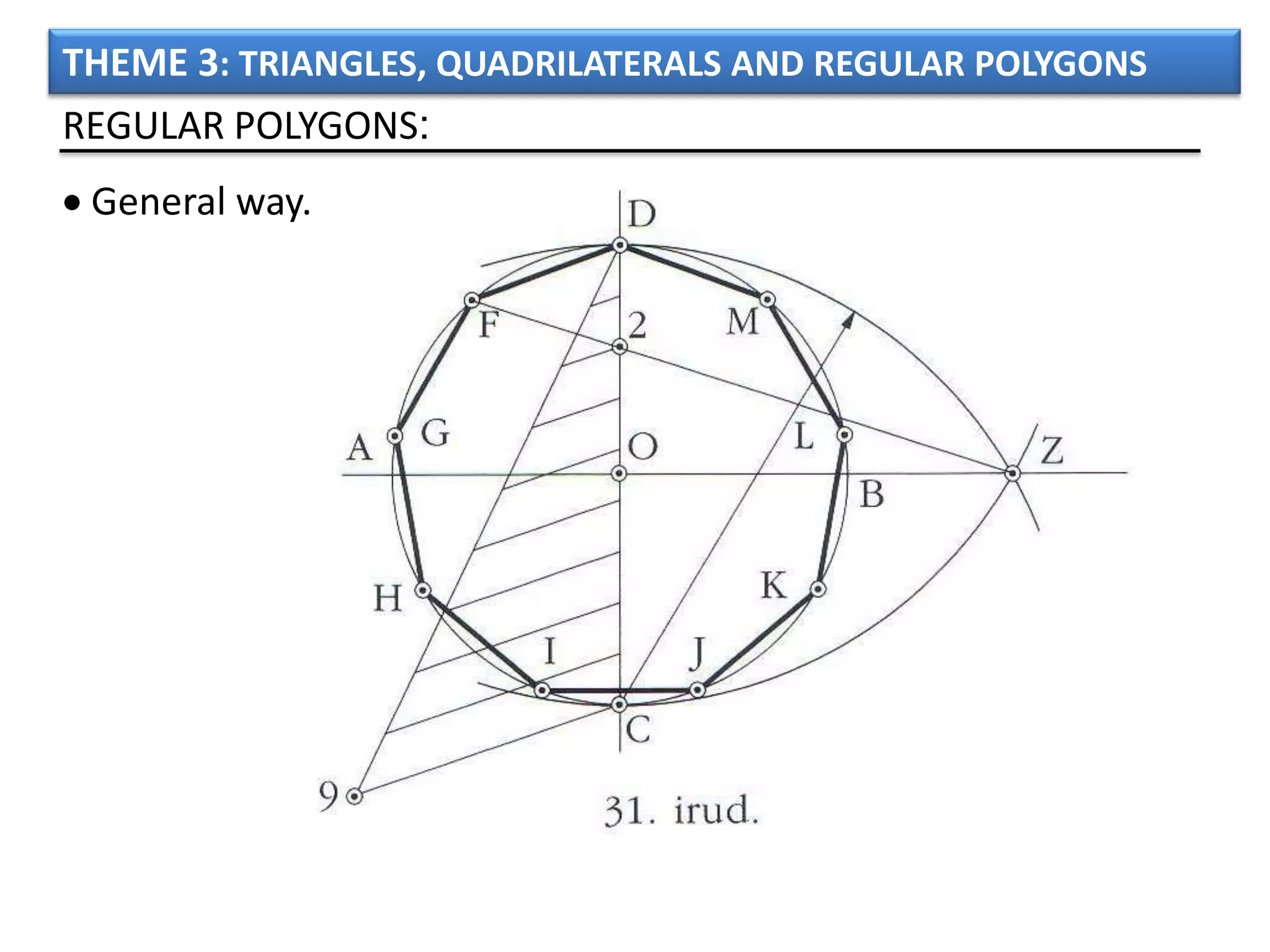 THEME 3: TRIANGLES, QUADRILATERALS AND REGULAR POLYGONS
REGULAR POLYGONS:
 General way.
 