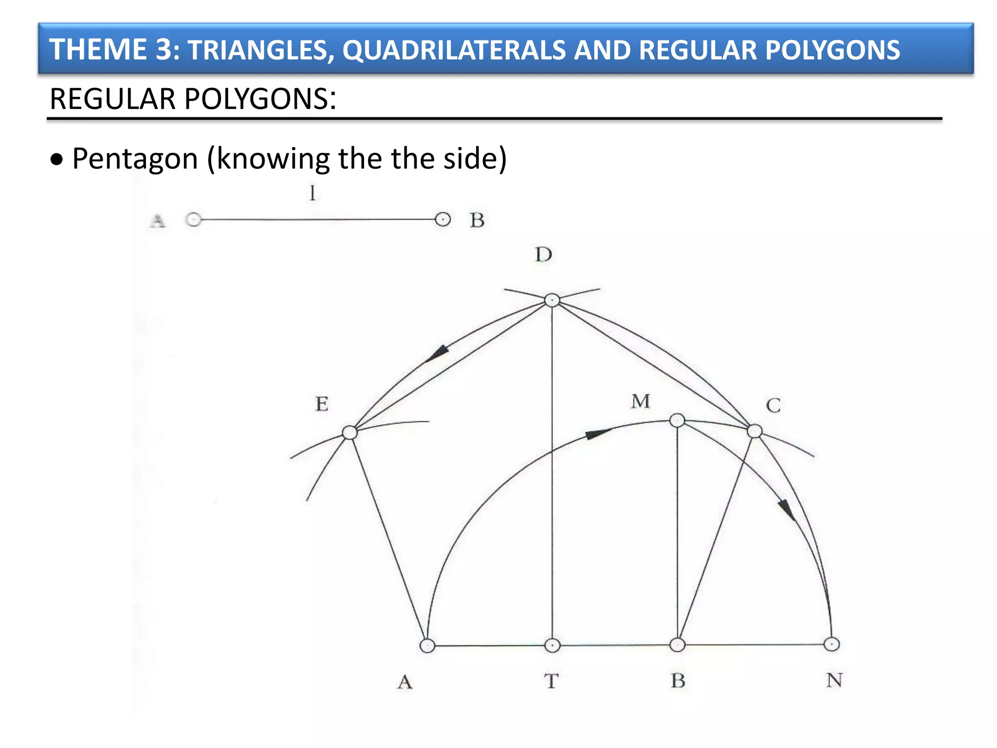 THEME 3: TRIANGLES, QUADRILATERALS AND REGULAR POLYGONS
REGULAR POLYGONS:
 Pentagon (knowing the the side)
 