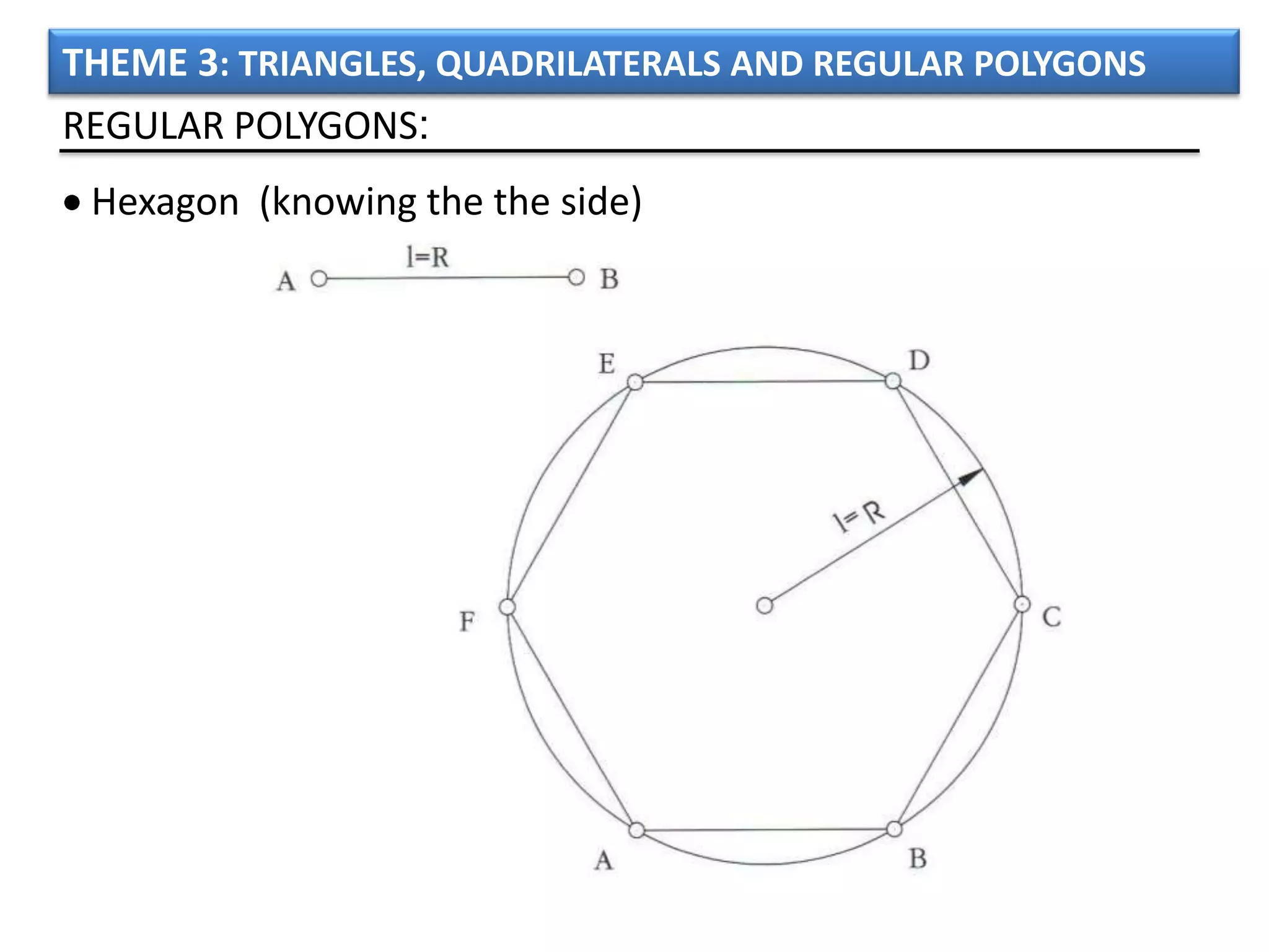 THEME 3: TRIANGLES, QUADRILATERALS AND REGULAR POLYGONS
REGULAR POLYGONS:
 Hexagon (knowing the the side)
 