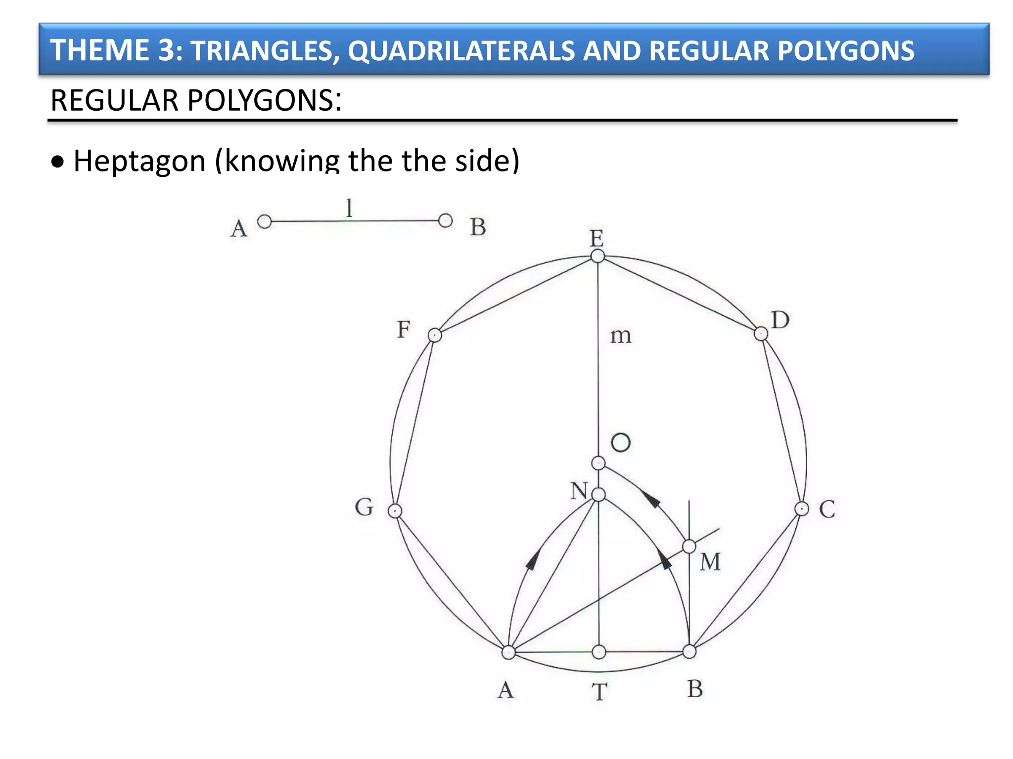THEME 3: TRIANGLES, QUADRILATERALS AND REGULAR POLYGONS
REGULAR POLYGONS:
 Heptagon (knowing the the side)
 