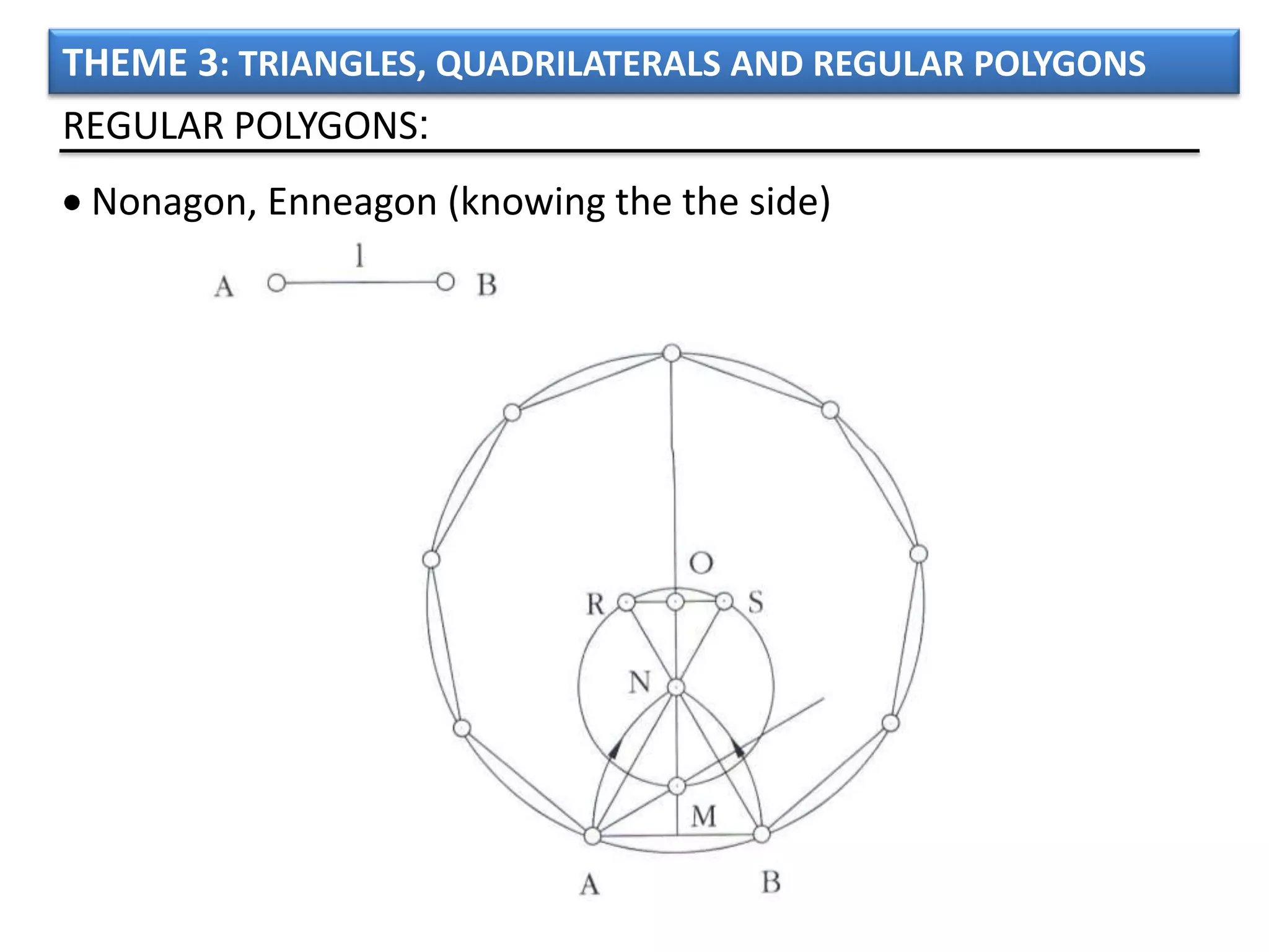 THEME 3: TRIANGLES, QUADRILATERALS AND REGULAR POLYGONS
REGULAR POLYGONS:
 Nonagon, Enneagon (knowing the the side)
 