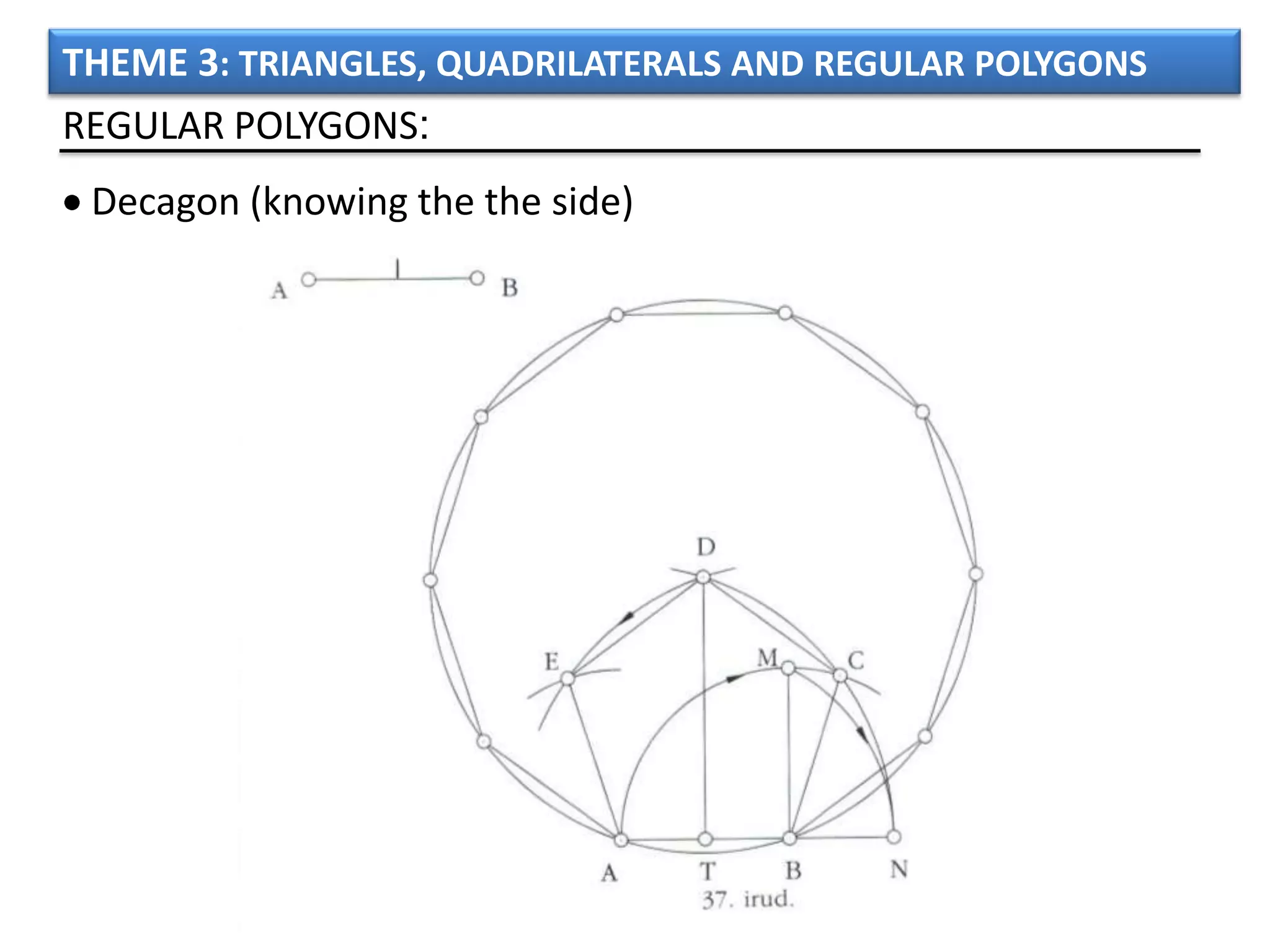 THEME 3: TRIANGLES, QUADRILATERALS AND REGULAR POLYGONS
REGULAR POLYGONS:
 Decagon (knowing the the side)
 