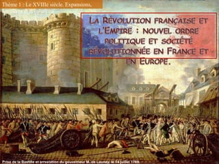 Prise de la Bastille et arrestation du gouverneur M. de Launay, le 14 juillet 1789.
Thème 1 : Le XVIIIe siècle. Expansions,
Lumières et révolutions
 