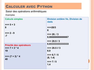 Calculer avec PythonSaisir des opérations arithmétiquesExemples3
