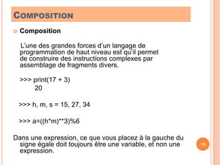 CompositionComposition    L’une des grandes forces d’un langage de programmation de haut niveau est qu’il permet de construire des instructions complexes par assemblage de fragments divers.>>> print(17 + 3)	        20   >>> h, m, s = 15, 27, 34   >>> a=((h*m)**3)%6 Dans une expression, ce que vous placez à la gauche du signe égale doit toujours être une variable, et non une expression.19