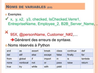 Noms de variables (2/2)Exemples   x,  y, x2,  y3, checked, IsChecked,Verre1, EntrepriseName, Employee_2, B2B_Server_Name, …95X, @personName, Customer_N#2,…     Génèrent des erreurs de syntaxe.Noms réservés à Python7