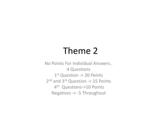 Theme 2
No Points For Individual Answers..
           4 Questions
    1st Question -> 20 Points
2nd and 3rd Question -> 15 Points
    4th Questions->10 Points
   Negatives -> -5 Throughout
 