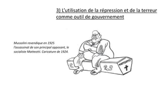 3) L’utilisation de la répression et de la terreur
comme outil de gouvernement
Mussolini revendique en 1925
l’assassinat de son principal opposant, le
socialiste Matteotti. Caricature de 1924.
 