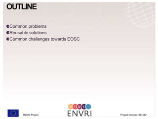 H2020 Project Project Number: 654182
Common problems
Reusable solutions
Common challenges towards EOSC
OUTLINE
 