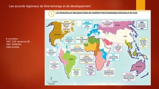 Les accords régionaux de libre-échange et de développement
A connaître :
1957 CEE devenue UE.
1967 ANSEAN.
1994 ALENA.
 