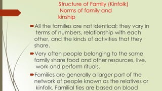 Structure of Family (Kinfolk)
Norms of family and
kinship
All the families are not identical; they vary in
terms of numbers, relationship with each
other, and the kinds of activities that they
share.
Very often people belonging to the same
family share food and other resources, live,
work and perform rituals.
Families are generally a larger part of the
network of people known as the relatives or
kinfolk. Familial ties are based on blood
 