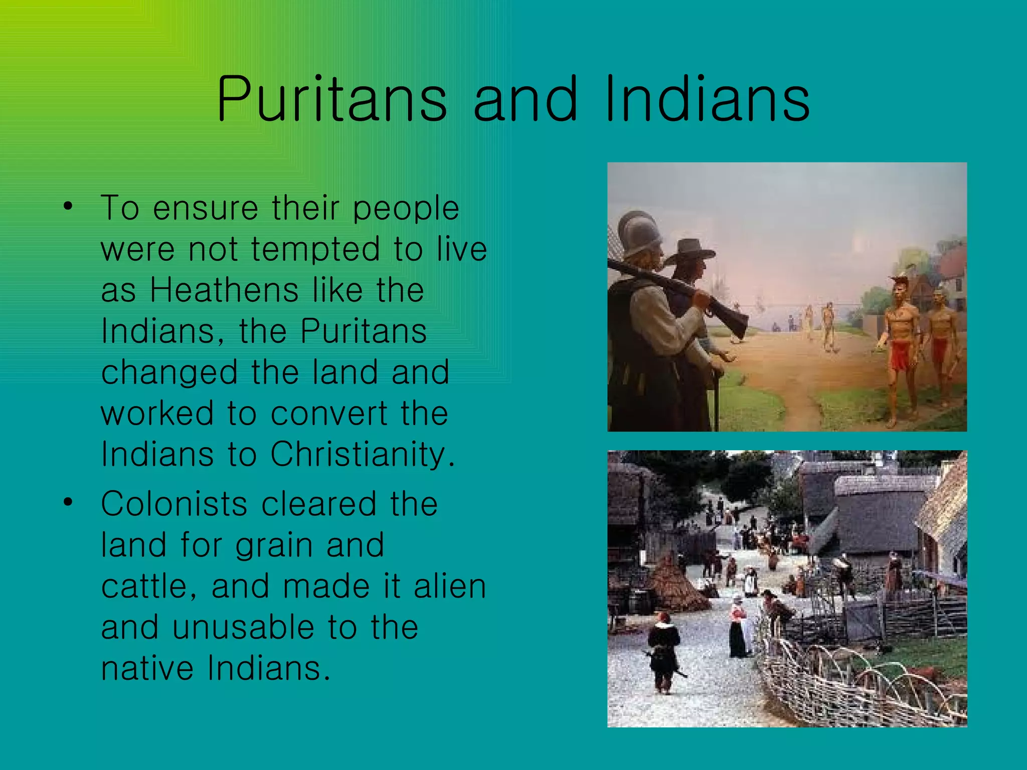 Puritans and Indians To ensure their people were not tempted to live as Heathens like the Indians, the Puritans changed the land and worked to convert the Indians to Christianity. Colonists cleared the land for grain and cattle, and made it alien and unusable to the native Indians. 