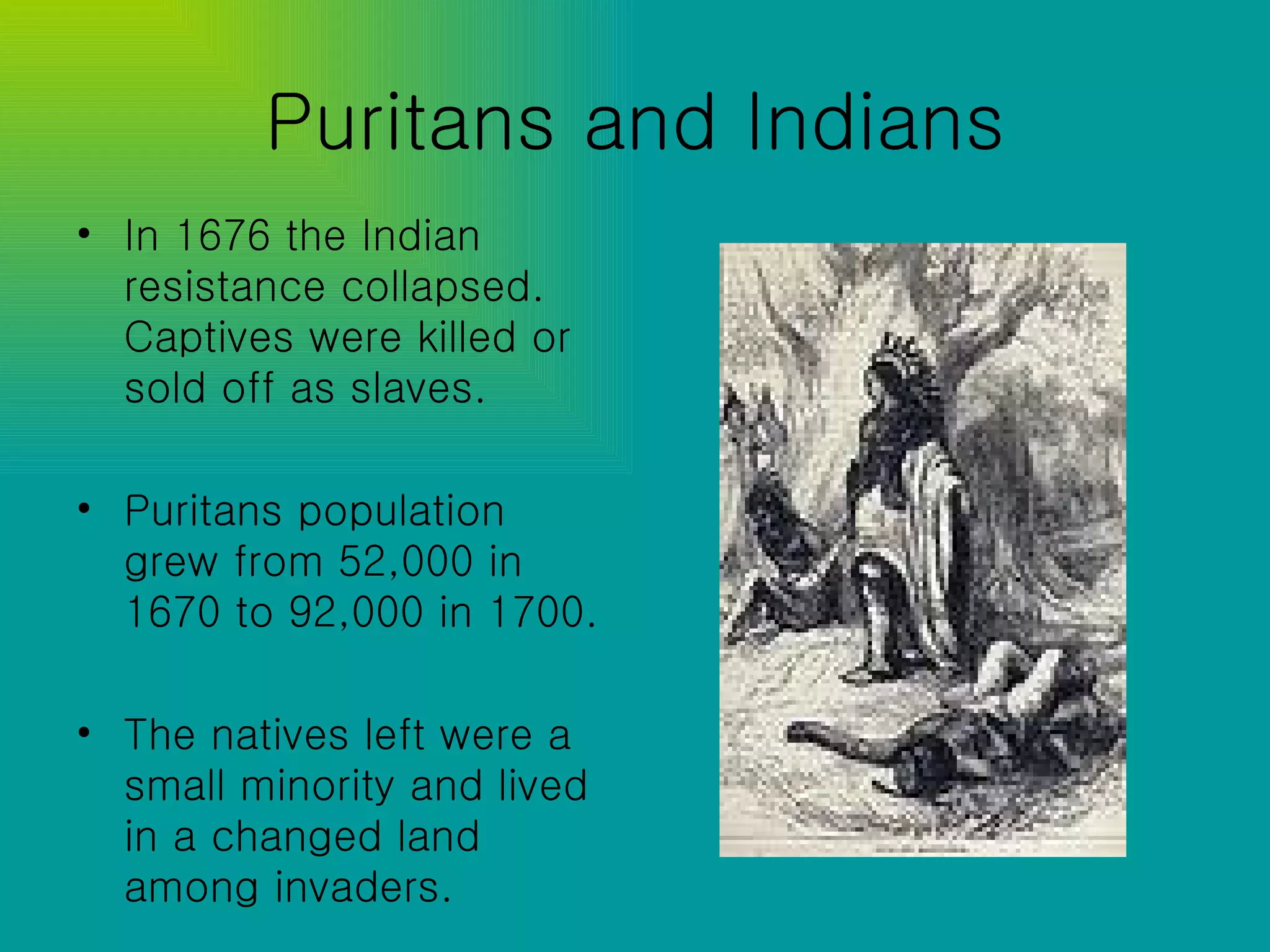 Puritans and Indians In 1676 the Indian resistance collapsed. Captives were killed or sold off as slaves. Puritans population grew from 52,000 in 1670 to 92,000 in 1700. The natives left were a small minority and lived in a changed land among invaders. 