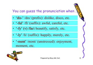 Prepared by Khoa Anh Viet 11
You can guess the pronunciation when …
• ‘-ful’ /fl/ (suffix): awful, careful, etc.
• ‘dis-’ /dɪs/ (prefix): dislike, disco, etc.
• ‘-ly’ /li/ (suffix): happily, merely, etc.
• ‘-ment’ /mənt/ (unstressed): enjoyment,
moment, etc.
• ‘-fy’ (v) /faɪ/ː beautify, satisfy, etc.
 