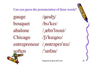 Prepared by Khoa Anh Viet 18
Can you guess the pronunciation of these words?
gauge
bouquet
/ɡeɪdʒ/
abalone
/bʊˈkeɪ/
/ˌæbəˈləʊni/
Chicago /ʃɪˈkɑːɡəʊ/
entrepreneur /ˌɒntrəprəˈnɜː/
soften /ˈsɒfən/
 