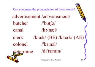 Prepared by Khoa Anh Viet 19
Can you guess the pronunciation of these words?
advertisement
butcher
/ədˈvɜːtɪsmənt/
canal
/ˈbʊtʃə/
/kəˈnæl/
clerk /klɑːk/ (BE) /klɜːrk/ (AE)
colonel /ˈkɜːnəl/
determine /dɪˈtɜːmɪn/
 