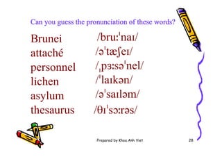Prepared by Khoa Anh Viet 28
Can you guess the pronunciation of these words?
Brunei /bruːˈnaɪ/
attaché /əˈtæʃeɪ/
personnel /ˌpɜːsəˈnel/
lichen /ˈlaɪkən/
asylum /əˈsaɪləm/
thesaurus /θɪˈsɔːrəs/
 