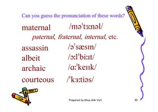 Prepared by Khoa Anh Viet 30
Can you guess the pronunciation of these words?
maternal /məˈtɜːnəl/
paternal, fraternal, internal, etc.
assassin /əˈsæsɪn/
albeit /ɔːlˈbiːɪt/
archaic /ɑːˈkeɪɪk/
courteous /ˈkɜːtiəs/
 
