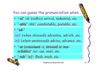 Prepared by Khoa Anh Viet 4
You can guess the pronunciation when …
• ‘-al’ /əl/ (su x)ː arrival, industrial, etc.
• ‘ad-’
/æd/ (when stressed)ː advertise, adverb, etc.
/əd/ (when unstressed)ː advise, advance, etc.
• ‘-able’ /əbl/: comfortable, portable, etc.
• ‘-ar (consonant -r, stressed or one-
syllable)’ /ɑː/: car, start, etc.
• ‘-ash’ /æʃ/: flash, trash, etc.
 