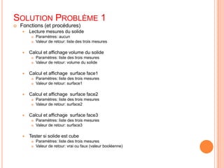 Solution Problème 1Fonctions (et procédures)Lecture mesures du solide Paramètres: aucunValeur de retour: liste des trois mesuresCalcul et affichage volume du solideParamètres: liste des trois mesuresValeur de retour: volume du solideCalcul et affichage  surface face1Paramètres: liste des trois mesuresValeur de retour: surface1Calcul et affichage  surface face2Paramètres: liste des trois mesuresValeur de retour: surface2Calcul et affichage  surface face3Paramètres: liste des trois mesuresValeur de retour: surface3Tester si solide est cubeParamètres: liste des trois mesuresValeur de retour: vrai ou faux (valeur booléenne)