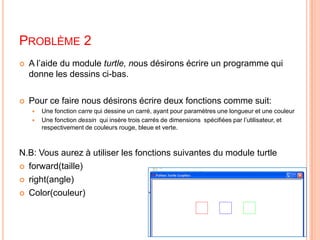 Problème 2A l’aide du module turtle, nous désirons écrire un programme qui donne les dessins ci-bas. Pour ce faire nous désirons écrire deux fonctions comme suit:Une fonction carre qui dessine un carré, ayant pour paramètres une longueur et une couleur  Une fonction dessin  qui insère trois carrés de dimensions  spécifiées par l’utilisateur, et respectivement de couleurs rouge, bleue et verte.N.B: Vous aurez à utiliser les fonctions suivantes du module turtleforward(taille)right(angle)Color(couleur)