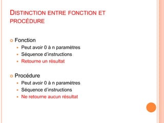 Distinction entre fonction et procédureFonctionPeut avoir 0 à n paramètresSéquence d’instructionsRetourne un résultatProcédurePeut avoir 0 à n paramètresSéquence d’instructionsNe retourne aucun résultat