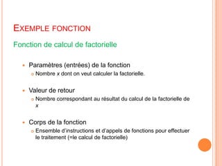 Exemple fonctionFonction de calcul de factorielleParamètres (entrées) de la fonctionNombre x dont on veut calculer la factorielle.Valeur de retourNombre correspondant au résultat du calcul de la factorielle de xCorps de la fonctionEnsemble d’instructions et d’appels de fonctions pour effectuer le traitement (=le calcul de factorielle)