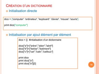 Création d’un dictionnaireInitialisation directeInitialisation par ajout élément par élément14dico = {'computer': 'ordinateur', 'keyboard': 'clavier', 'mouse': 'souris'}printdico["computer"]dico = {}  #intialisationd’un dictionnaire dico["a"]=["arbre","alien","abrit"]dico["b"]=["betise","batiment"]dico["c"]=["cat","cale","cailloux"]  printdicoprint dico["a"]print dico["a"][2]