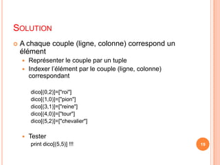 SolutionA chaque couple (ligne, colonne) correspond un élémentReprésenter le couple par un tupleIndexer l’élément par le couple (ligne, colonne) correspondantdico[(0,2)]=["roi"]dico[(1,0)]=["pion"]dico[(3,1)]=["reine"]dico[(4,0)]=["tour"]dico[(5,2)]=["chevalier"]Tester printdico[(5,5)] !!!19