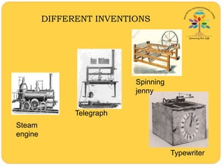 DIFFERENT INVENTIONS
Spinning
jenny
Typewriter
Telegraph
Steam
engine
 