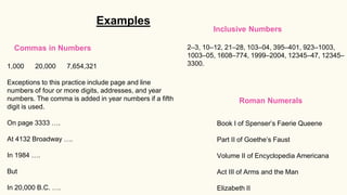 Book I of Spenser’s Faerie Queene
Part II of Goethe’s Faust
Volume II of Encyclopedia Americana
Act III of Arms and the Man
Elizabeth II
2–3, 10–12, 21–28, 103–04, 395–401, 923–1003,
1003–05, 1608–774, 1999–2004, 12345–47, 12345–
3300.
1,000 20,000 7,654,321
Exceptions to this practice include page and line
numbers of four or more digits, addresses, and year
numbers. The comma is added in year numbers if a fifth
digit is used.
On page 3333 ….
At 4132 Broadway ….
In 1984 ….
But
In 20,000 B.C. ….
Commas in Numbers
Inclusive Numbers
Roman Numerals
Examples
 