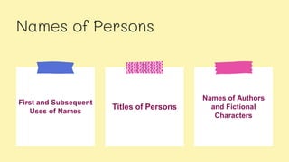 First and Subsequent
Uses of Names
Names of Persons
Titles of Persons
Names of Authors
and Fictional
Characters
 