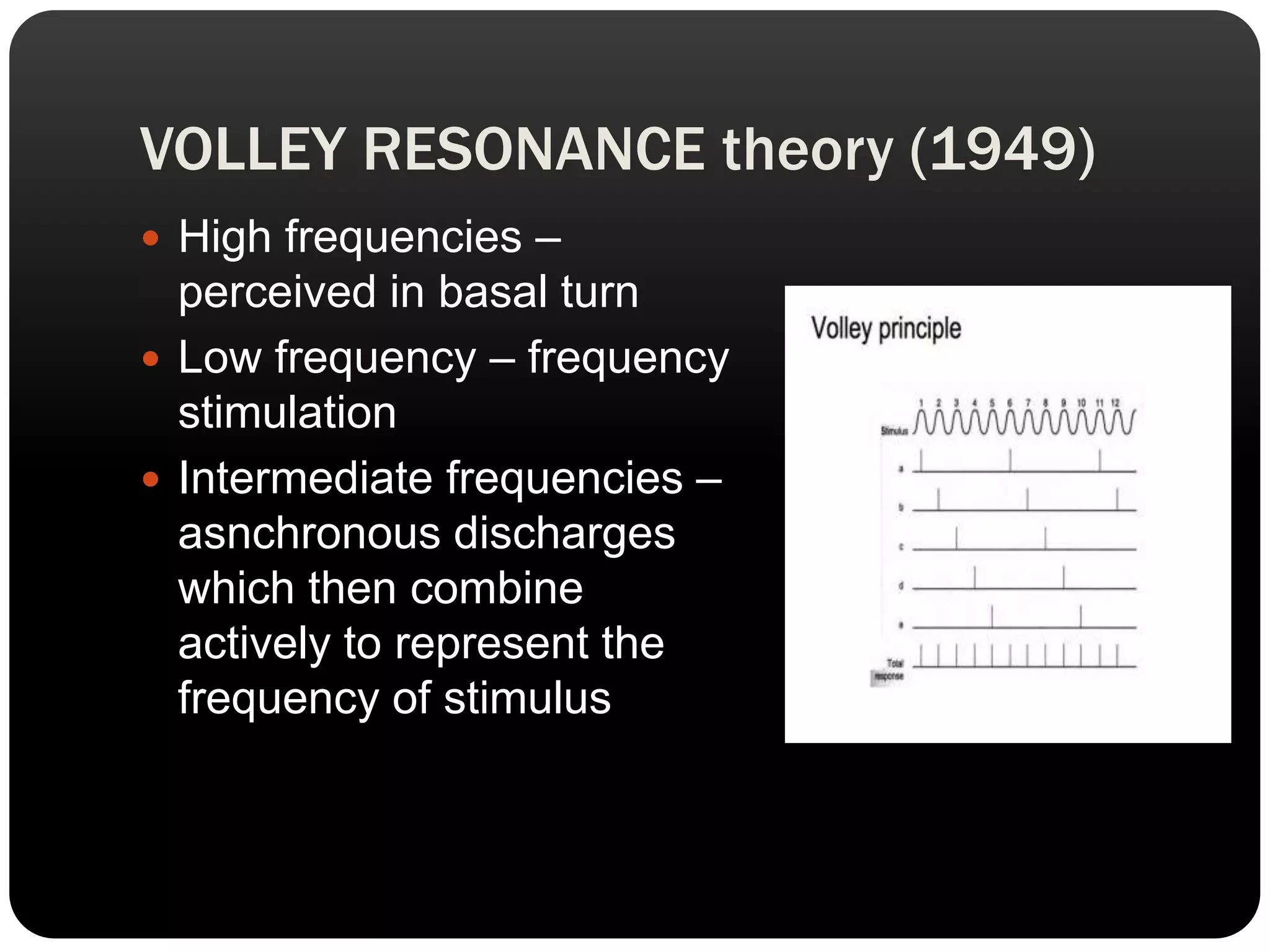 VOLLEY RESONANCE theory (1949)
 High frequencies –
perceived in basal turn
 Low frequency – frequency
stimulation
 Intermediate frequencies –
asnchronous discharges
which then combine
actively to represent the
frequency of stimulus
 