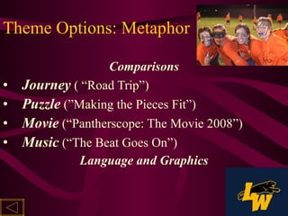 Theme Options: Metaphor Comparisons Journey  ( “Road Trip”) Puzzle  (”Making the Pieces Fit”) Movie  (“Pantherscope: The Movie 2008”) Music  (“The Beat Goes On”) Language and Graphics 