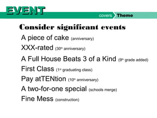 A piece of cake (anniversary)
XXX-rated (30th
anniversary)
A Full House Beats 3 of a Kind (9th
grade added)
First Class (1st
graduating class)
Pay atTENtion (10th
anniversary)
A two for one special‐ ‐ (schools merge)
Fine Mess (construction)
Consider significant events
EVENTEVENT covers Theme
 