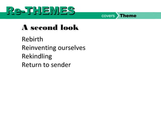 Rebirth
Reinventing ourselves
Rekindling
Return to sender
A second look
Re-THEMESRe-THEMES covers Theme
 