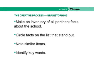 Make an inventory of all pertinent facts
about the school.
Circle facts on the list that stand out.
Note similar items.
Identify key words.
THE CREATIVE PROCESSTHE CREATIVE PROCESS —— BRAINSTORMINGBRAINSTORMING
covers Theme
 