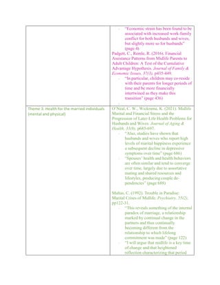 - “Economic strain has been found to be
associated with increased work-family
conflict for both husbands and wives,
but slightly more so for husbands”
(page 4)
Padgett, C., Remle, R. (2016). Financial
Assistance Patterns from Midlife Parents to
Adult Children: A Test of the Cumulative
Advantage Hypothesis. Journal of Family &
Economic Issues, 37(3), p435-449.
- “In particular, children may co-reside
with their parents for longer periods of
time and be more financially
intertwined as they make this
transition” (page 436)
-
Theme 3: Health for the married individuals
(mental and physical)
O’Neal, C. W., Wickrama, K. (2021). Midlife
Marital and Financial Stress and the
Progression of Later-Life Health Problems for
Husbands and Wives. Journal of Aging &
Health, 33(9), p685-697.
- “Also, studies have shown that
husbands and wives who report high
levels of marital happiness experience
a subsequent decline in depressive
symptoms over time” (page 686)
- “Spouses’ health and health behaviors
are often similar and tend to converge
over time, largely due to assortative
mating and shared resources and
lifestyles, producing couple de-
pendencies” (page 688)
Maltas, C. (1992). Trouble in Paradise:
Marital Crises of Midlife. Psychiatry, 55(2),
pp122-31.
- “This reveals something of the internal
paradox of marriage, a relationship
marked by continual change in the
partners and thus continually
becoming different from the
relationship to which lifelong
commitment was made” (page 122)
- “I will argue that midlife is a key time
of change and that heightened
reflection characterizing that period
 