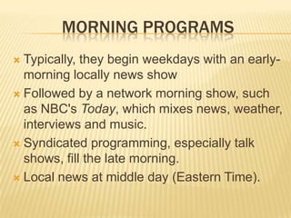 The major networksthe National Broadcasting Company (NBC), Columbia Broadcasting System (CBS)- both began in the 1920s as radio networksthe American Broadcasting Company (ABC), which began its life as a radio network spun off from NBC in 1943.Fox, MyNetwork TV, ION, PBS (educational), Univision, Daystar(religious).