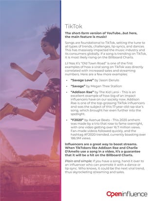 TikTok
The short-form version of YouTube...but here,
the main feature is music!
Songs are foundational to TikTok, setting the tune to
all types of trends, challenges, lip-syncs, and dances.
This has massively impacted the music industry and
its consumers globally. If a song is trending on TikTok,
it is most likely rising on the Billboard Charts.
Lil Nas X’s “Old Town Road” is one of the first
examples of how a viral song on TikTok was directly
correlated with increased sales and streaming
numbers. Here are a few more examples:
•	 “Savage Love” by Jason Derulo
•	 “Savage” by Megan Thee Stallion
•	 “Addison Rae” by The Kid Laroi - This is an
excellent example of how big of an impact
influencers have on our society now. Addison
Rae is one of the top-grossing TikTok influencers
and was the subject of this 17-year-old rap star’s
song, which brought her even further into the
spotlight.
•	 “F2020” by Avenue Beats - This 2020 anthem
was made by a trio that rose to fame overnight,
with one video getting over 16.7 million views.
Fan-made videos followed quickly, and the
hashtag #F2020 trended, currently boasting over
186.9M views.
Influencers are a great way to boost streams.
When TikTokers like Addison Rae and Charlie
D’Amelio use a song in a video, it’s a guarantee
that it will be a hit on the Billboard Charts.
Plain and simple: if you have a song, hand it over to
an influencer who can promote it with a dance or
lip-sync. Who knows, it could be the next viral trend,
thus skyrocketing streaming and sales.
 
