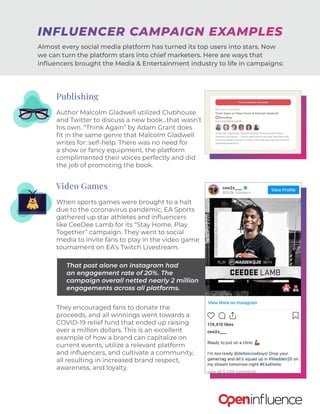 Video Games
When sports games were brought to a halt
due to the coronavirus pandemic, EA Sports
gathered up star athletes and influencers
like CeeDee Lamb for its “Stay Home, Play
Together” campaign. They went to social
media to invite fans to play in the video game
tournament on EA’s Twitch Livestream.
They encouraged fans to donate the
proceeds, and all winnings went towards a
COVID-19 relief fund that ended up raising
over a million dollars. This is an excellent
example of how a brand can capitalize on
current events, utilize a relevant platform
and influencers, and cultivate a community,
all resulting in increased brand respect,
awareness, and loyalty.
Publishing
Author Malcolm Gladwell utilized Clubhouse
and Twitter to discuss a new book...that wasn’t
his own. “Think Again” by Adam Grant does
fit in the same genre that Malcolm Gladwell
writes for: self-help. There was no need for
a show or fancy equipment, the platform
complimented their voices perfectly and did
the job of promoting the book.
INFLUENCER CAMPAIGN EXAMPLES
Almost every social media platform has turned its top users into stars. Now
we can turn the platform stars into chief marketers. Here are ways that
influencers brought the Media & Entertainment industry to life in campaigns:
That post alone on Instagram had
an engagement rate of 20%. The
campaign overall netted nearly 2 million
engagements across all platforms.
 