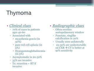 Thymoma
• Clinical clues
▫ 70% of cases in patients
ages 40-60
▫ Associated with
 myasthenia gravis (in
50%)
 pure red cell aplasia (in
5%)
 Hypogammaglobulinemia
(in 5%)
▫ Asymptomatic in 20-50%
▫ 35% are invasive
▫ Tx: resection + RT if
invasive
• Radiographic clues
▫ Often overlies
aortopulmonary window
▫ Punctate, ringlike
calcification in 20%
▫ Usually seen unilaterally
▫ 25-50% are undectectable
on CXR  CT is better at
91% sensitivity
 