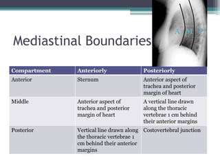 Mediastinal Boundaries
Compartment Anteriorly Posteriorly
Anterior Sternum Anterior aspect of
trachea and posterior
margin of heart
Middle Anterior aspect of
trachea and posterior
margin of heart
A vertical line drawn
along the thoracic
vertebrae 1 cm behind
their anterior margins
Posterior Vertical line drawn along
the thoracic vertebrae 1
cm behind their anterior
margins
Costovertebral junction
A M P
 