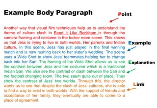 Another way that visual film techniques help us to understand the
theme of culture clash in Bend it Like Beckham is through the
camera framing and costume in the locker room scene. This shows
us that Jess is trying to live in both worlds. Her parents and Indian
culture. In this scene, Jess has just played in the final winning
match and is now rushing back to her sister’s wedding. The scene
uses a Wide Shot to show Jess’ teammates helping her to change
back into her Sari. The framing of the Wide Shot allows us to see
the contrast between Jess and her costume which is a traditional
Indian Sari. We also see the contrast or clash between the Sari and
the football changing room. The two seem quite out of place. They
show the contrast of Jess’ two worlds. Through this, the director
wants us to see that despite the clash of Jess’ cultures, she is able
to find a way to exist in both worlds. With the support of friends and
acceptance of her family, they eventually are able to come to a
place of agreement.
Example Body Paragraph Point
Example
Explanation
Link
 