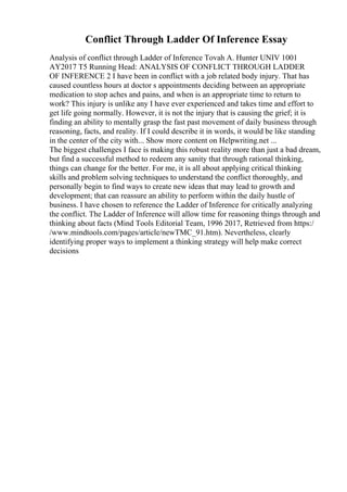 Conflict Through Ladder Of Inference Essay
Analysis of conflict through Ladder of Inference Tovah A. Hunter UNIV 1001
AY2017 T5 Running Head: ANALYSIS OF CONFLICT THROUGH LADDER
OF INFERENCE 2 I have been in conflict with a job related body injury. That has
caused countless hours at doctor s appointments deciding between an appropriate
medication to stop aches and pains, and when is an appropriate time to return to
work? This injury is unlike any I have ever experienced and takes time and effort to
get life going normally. However, it is not the injury that is causing the grief; it is
finding an ability to mentally grasp the fast past movement of daily business through
reasoning, facts, and reality. If I could describe it in words, it would be like standing
in the center of the city with... Show more content on Helpwriting.net ...
The biggest challenges I face is making this robust reality more than just a bad dream,
but find a successful method to redeem any sanity that through rational thinking,
things can change for the better. For me, it is all about applying critical thinking
skills and problem solving techniques to understand the conflict thoroughly, and
personally begin to find ways to create new ideas that may lead to growth and
development; that can reassure an ability to perform within the daily hustle of
business. I have chosen to reference the Ladder of Inference for critically analyzing
the conflict. The Ladder of Inference will allow time for reasoning things through and
thinking about facts (Mind Tools Editorial Team, 1996 2017, Retrieved from https:/
/www.mindtools.com/pages/article/newTMC_91.htm). Nevertheless, clearly
identifying proper ways to implement a thinking strategy will help make correct
decisions
 