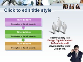 Click to edit title style
         Title in here
   Description of the sub contents




         Title in here
   Description of the sub contents
                                       ThemeGallery is a
                                     Design Digital Content
         Title in here                  & Contents mall
                                      developed by Guild
   Description of the sub contents
                                          Design Inc.
 